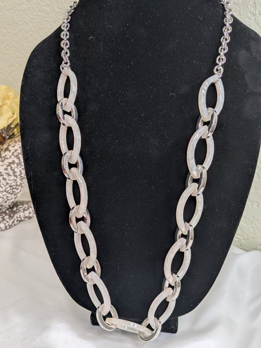 Ann Taylor Silver & Lucite Chain Link Necklace — Toggle Clasp Statement Piece